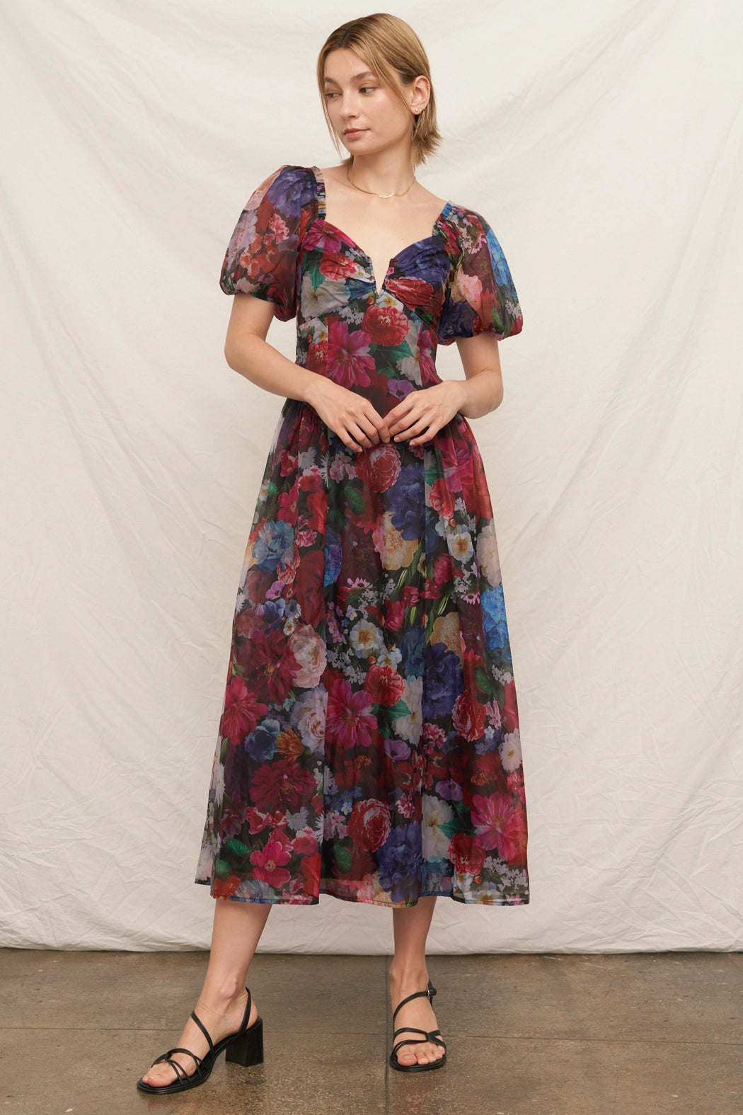 Puff Sleeve Floral Overlay Midi Dress