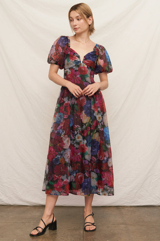 Puff Sleeve Floral Overlay Midi Dress