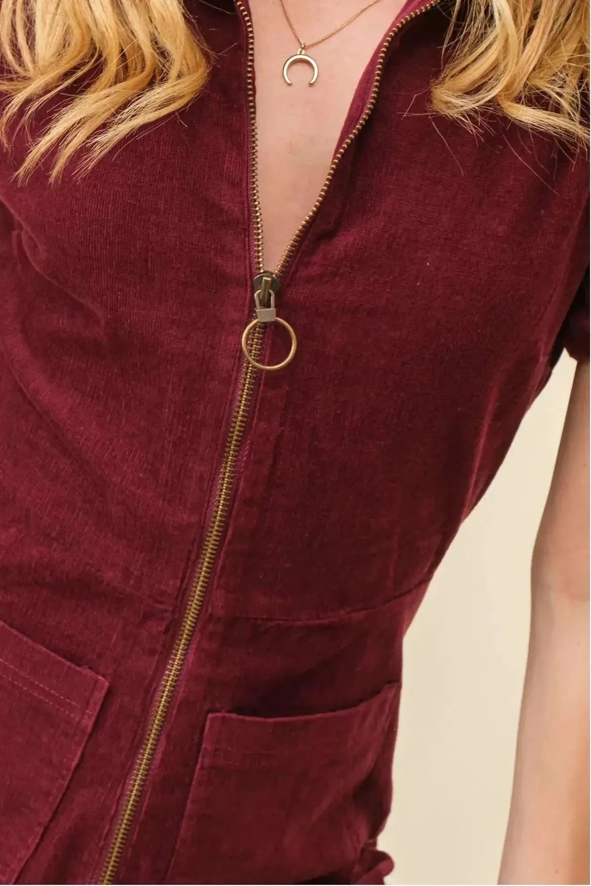 Short Sleeve Plum Corduroy Jumpsuit