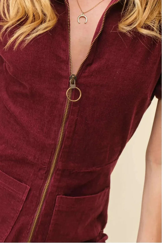 Short Sleeve Plum Corduroy Jumpsuit