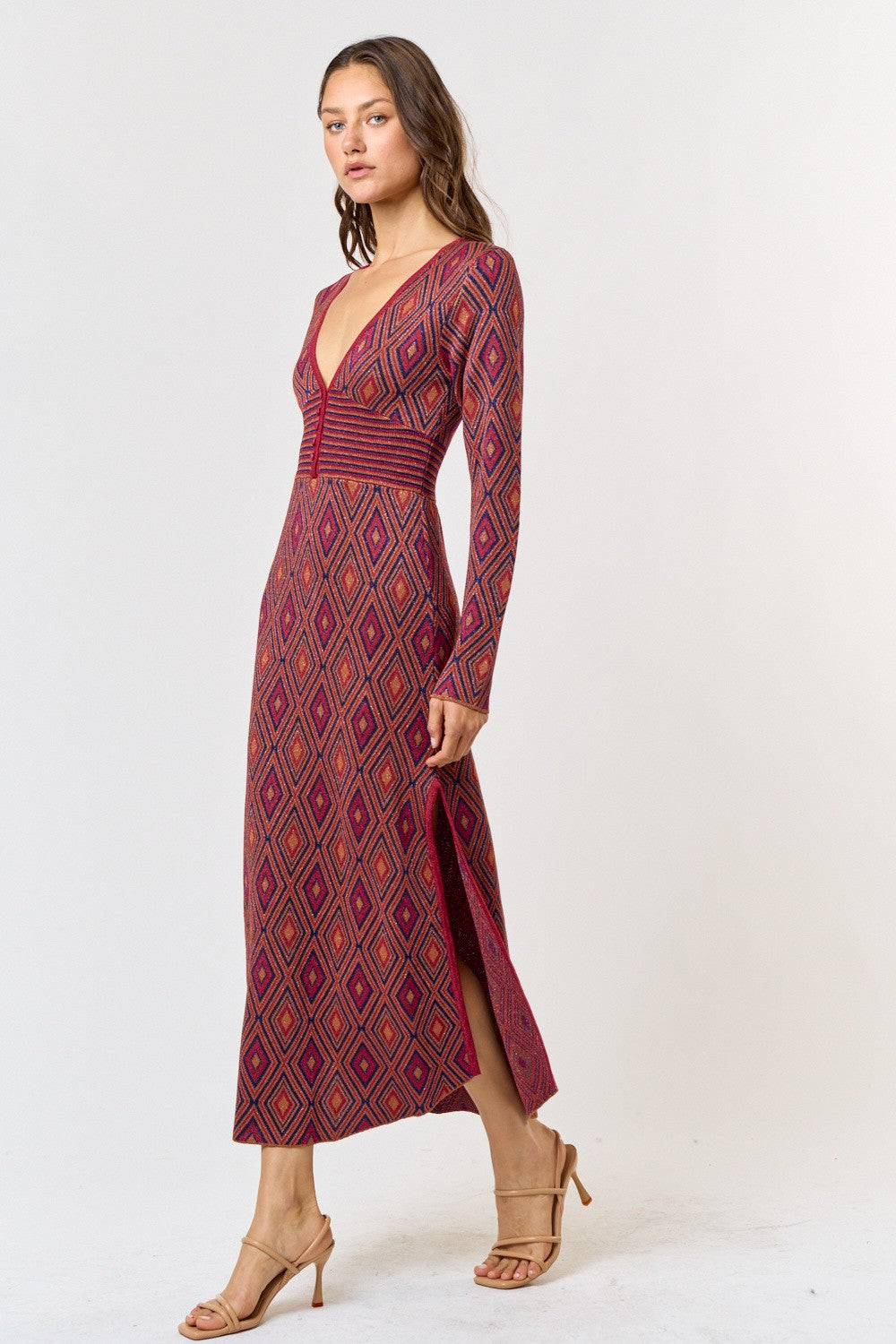 Spiced Up Jacquard V-Neck Side Slit Midi Dress