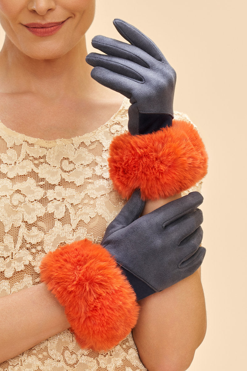 Blue & Orange Faux Fur Fashion Gloves