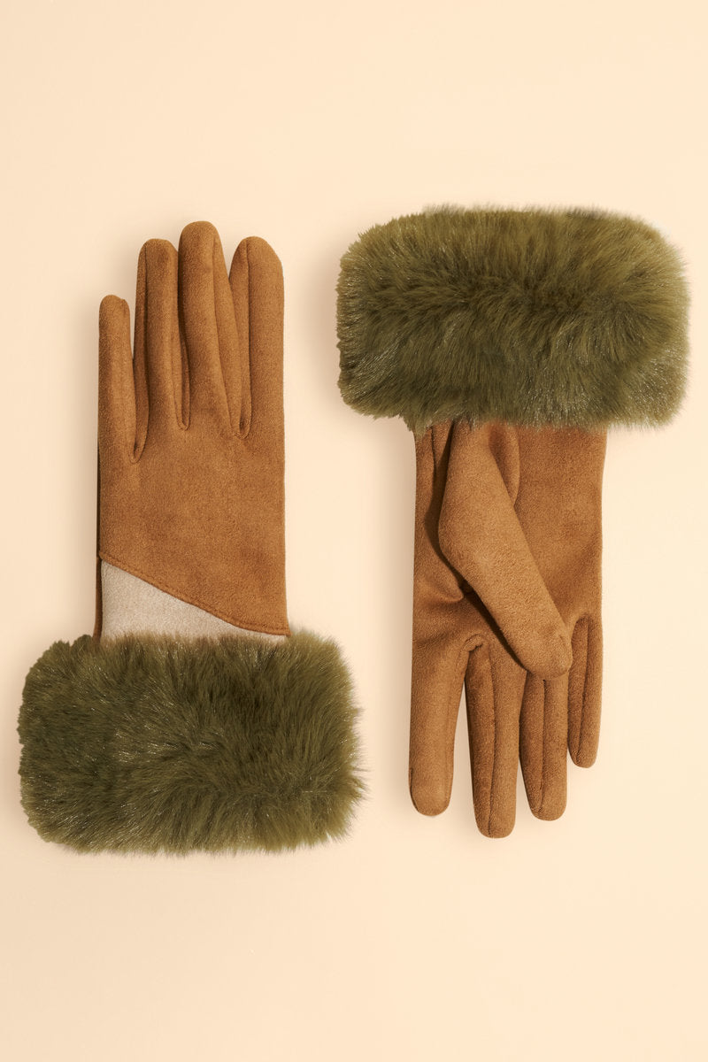 Sand & Olive Faux Fur Fashion Gloves