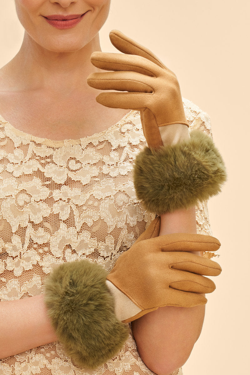 Sand & Olive Faux Fur Fashion Gloves