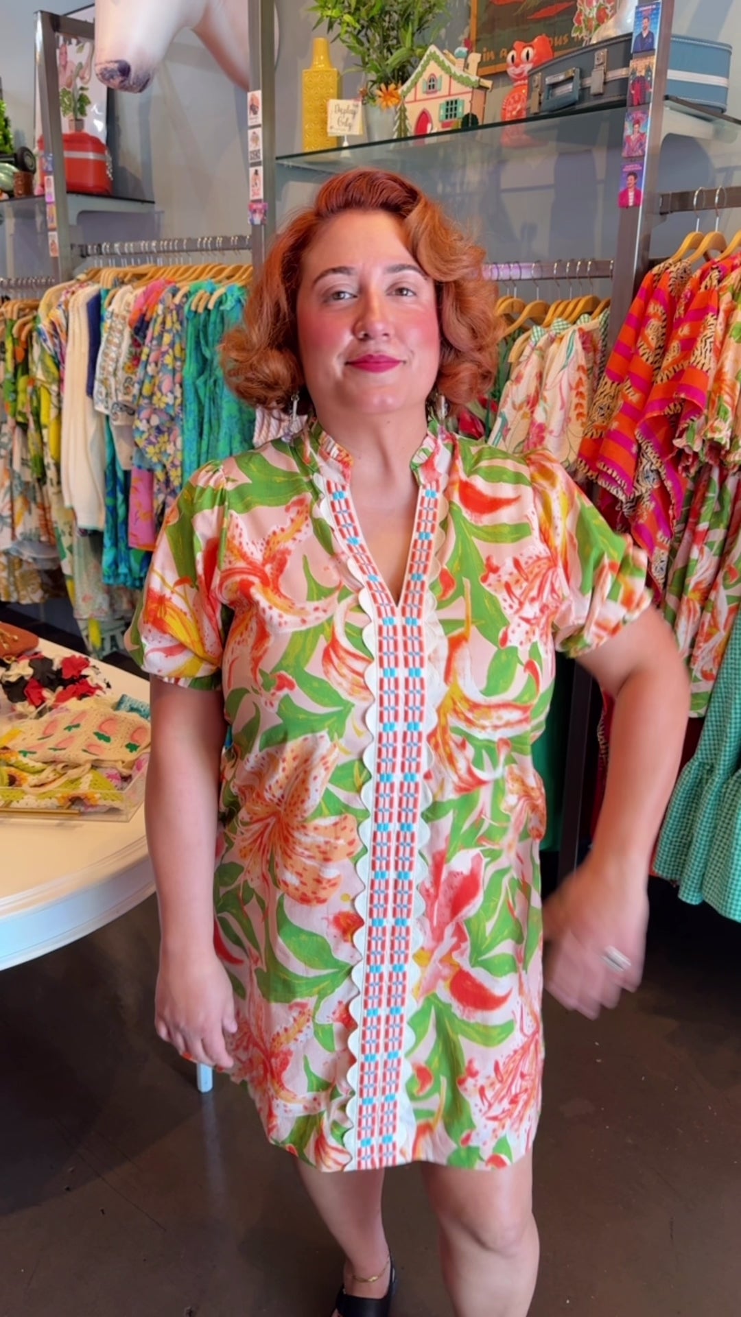 Tiki Orange Tiger Lily Embroidered Shift Dress