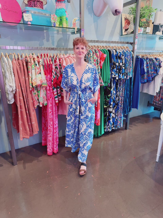 Load and play video in Gallery viewer, Deep In Thought White &amp;amp; Blue Kimono Sleeve Jumpsuit
