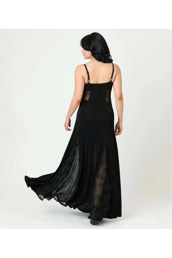 Black Sheer Spiderweb Godet Maxi Halloween Dress