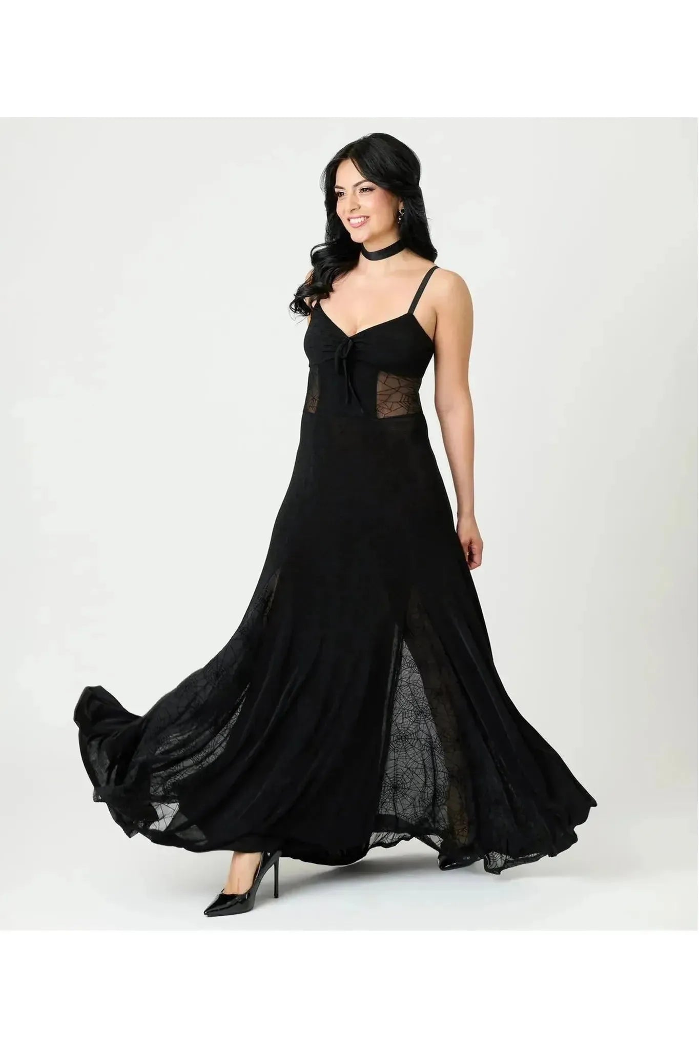 Black Sheer Spiderweb Godet Maxi Halloween Dress