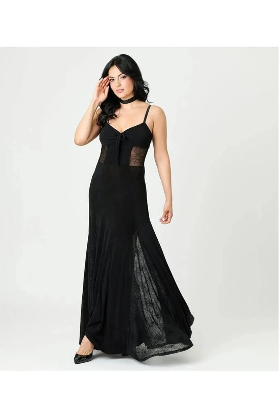 Black Sheer Spiderweb Godet Maxi Halloween Dress