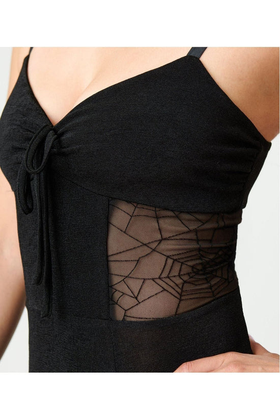 Black Sheer Spiderweb Godet Maxi Halloween Dress