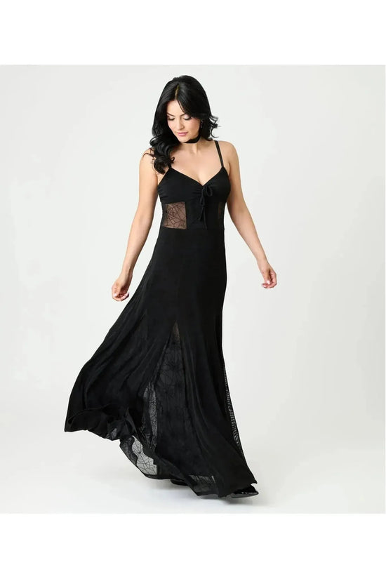 Black Sheer Spiderweb Godet Maxi Halloween Dress