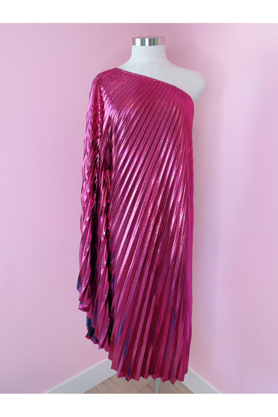 Vibrant Pink Metallic One Shoulder Designer Dress